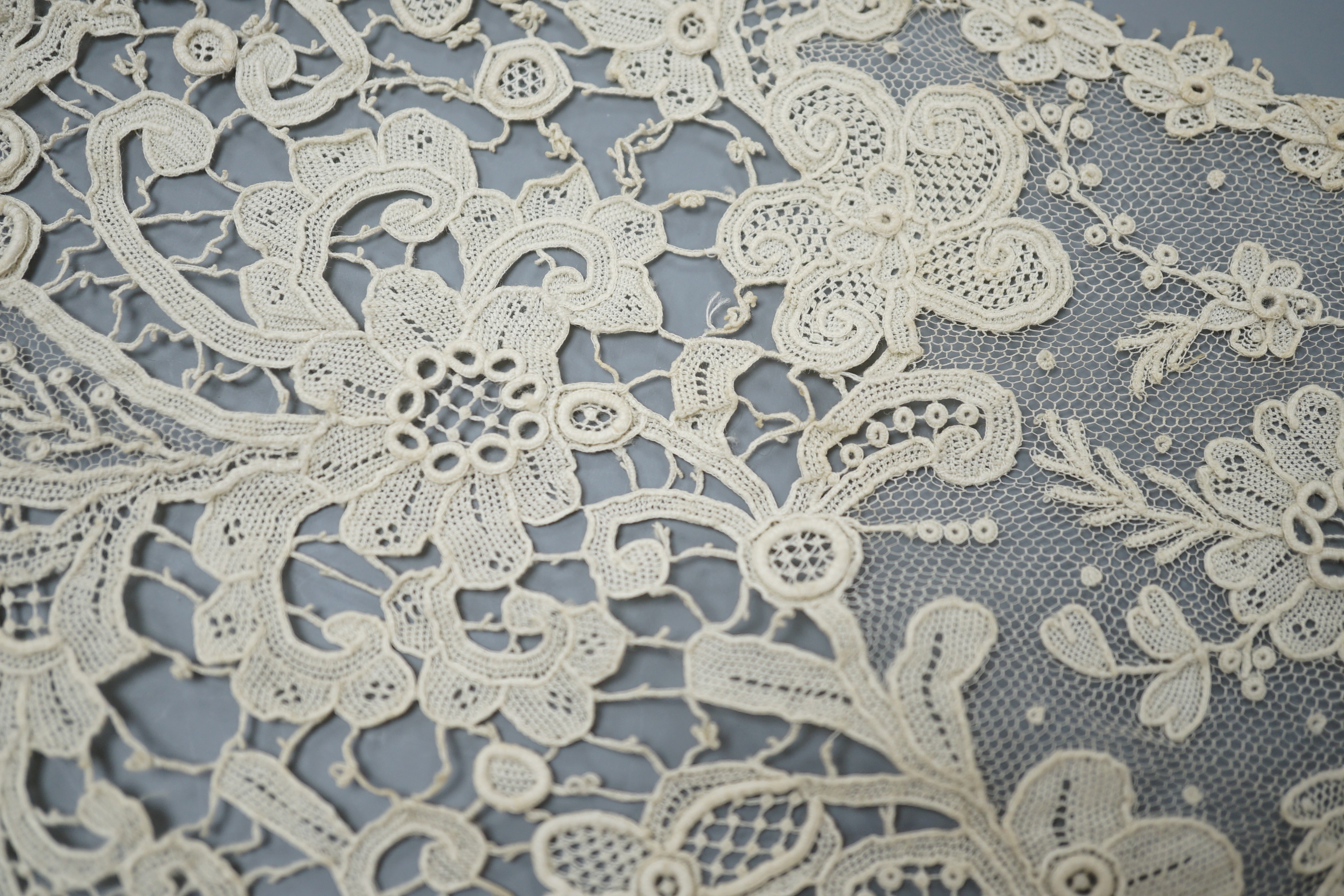 A mixed Brussels lace berth with fine needle lace floral insertions, together with a mixed bobbin veil and needleworked Brussels stols